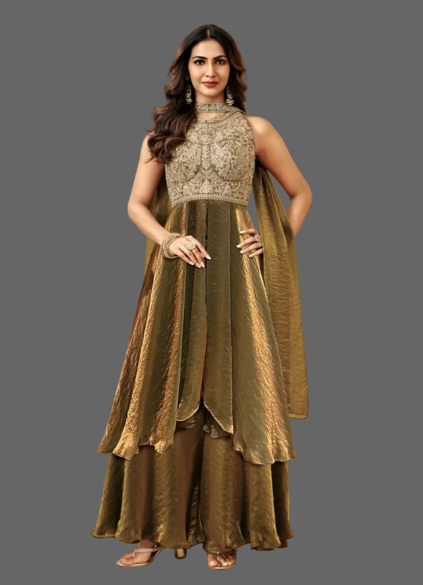 Olive Gold Crinkle Tissue Sharara Set