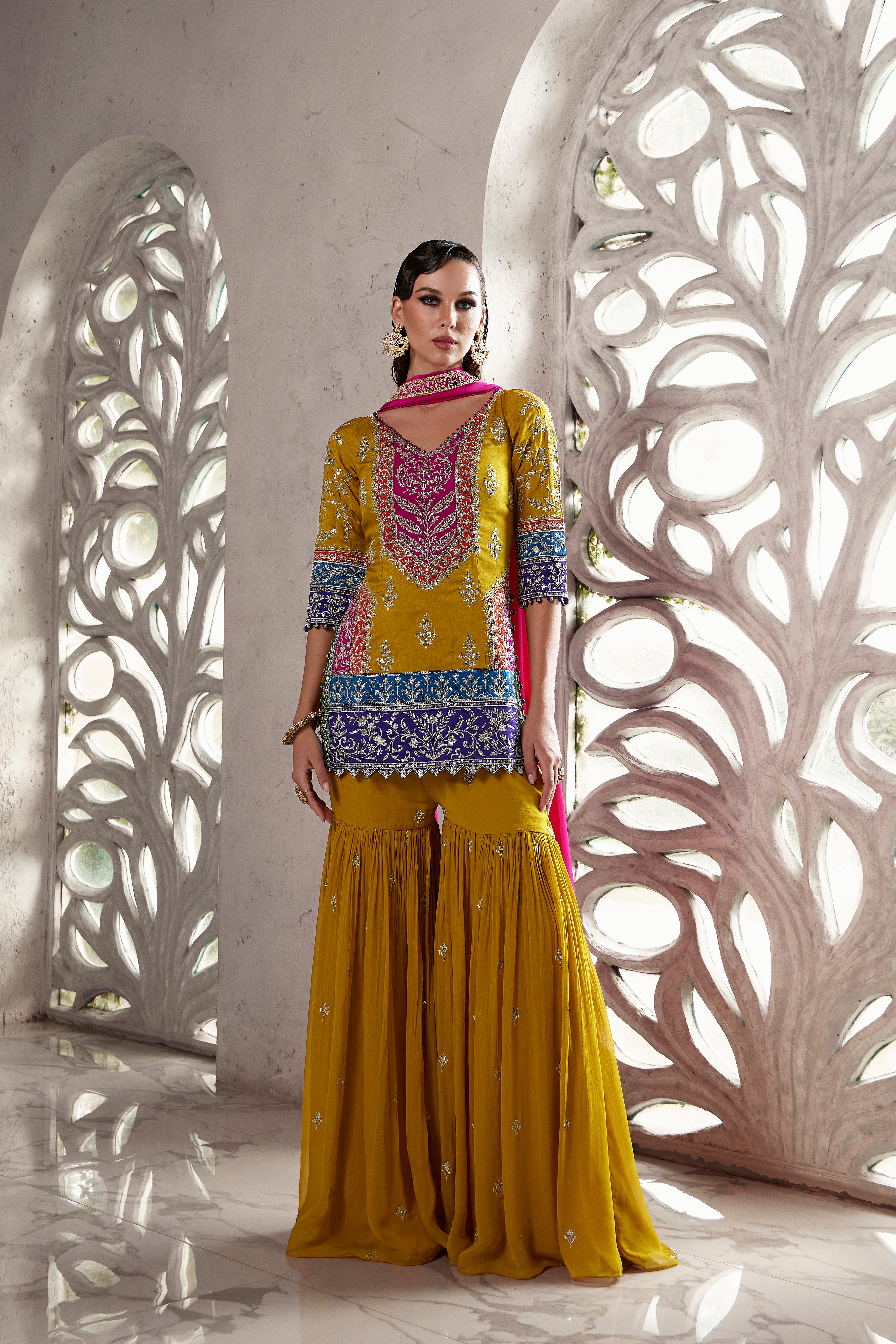 Vibrant Mustard Multicolored & Sharara Suit with Heavy Embroidery (HARPREET M-24)