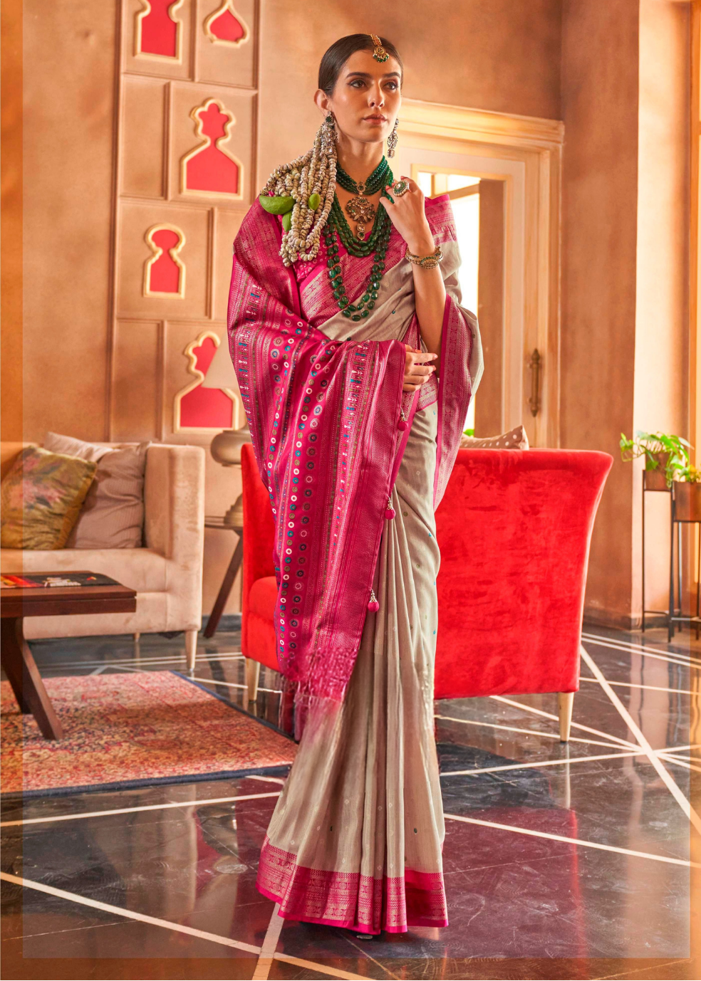 Beige Silk Saree  with Contrast Border Secondary image