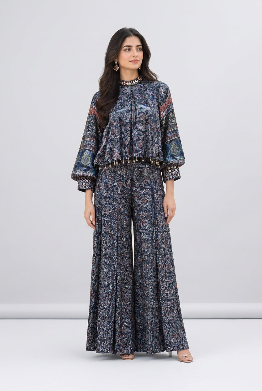 Indigo Blue Printed Silk Co-Ord Set