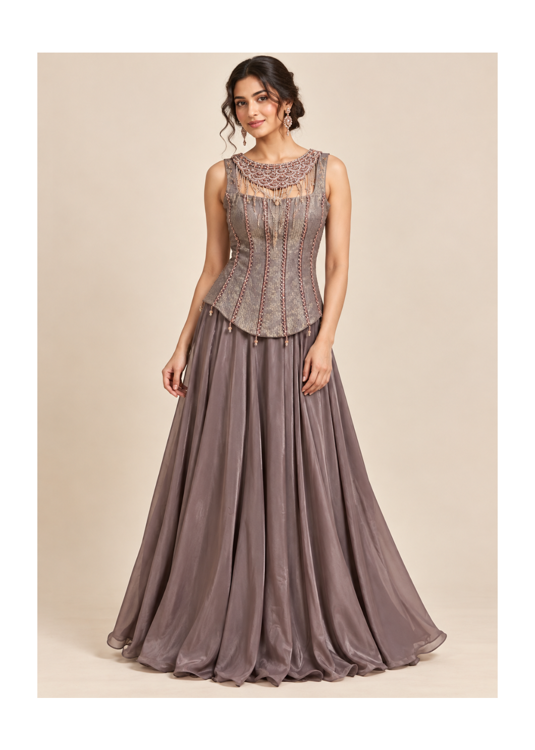 Smoky-Taupe Jacquard Corset Bustier & Flared Organza Skirt Set Main image
