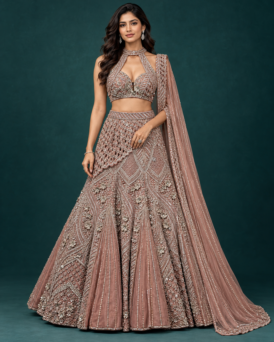 Dusty Rose Halter Embroidered Bridal Lehenga