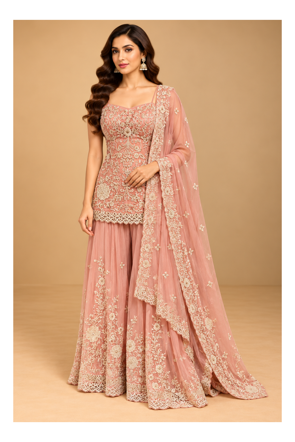 Dusty-Rose Embroidered Kurti, Flared Sharara