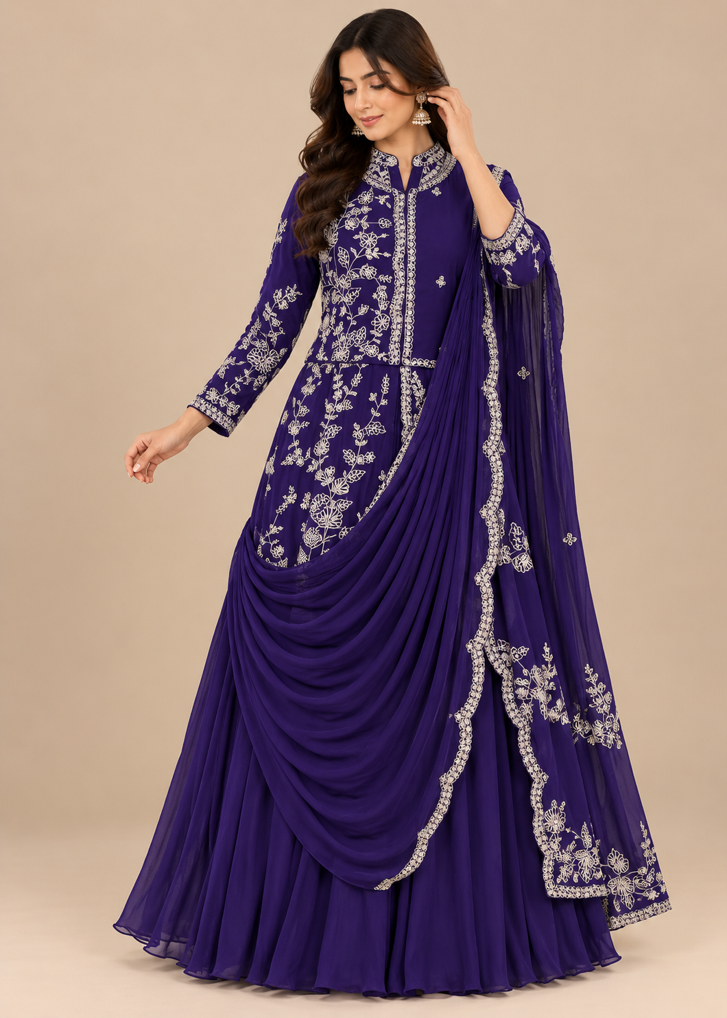 Royal Purple Embroidered Pre-Draped Anarkali Gown
