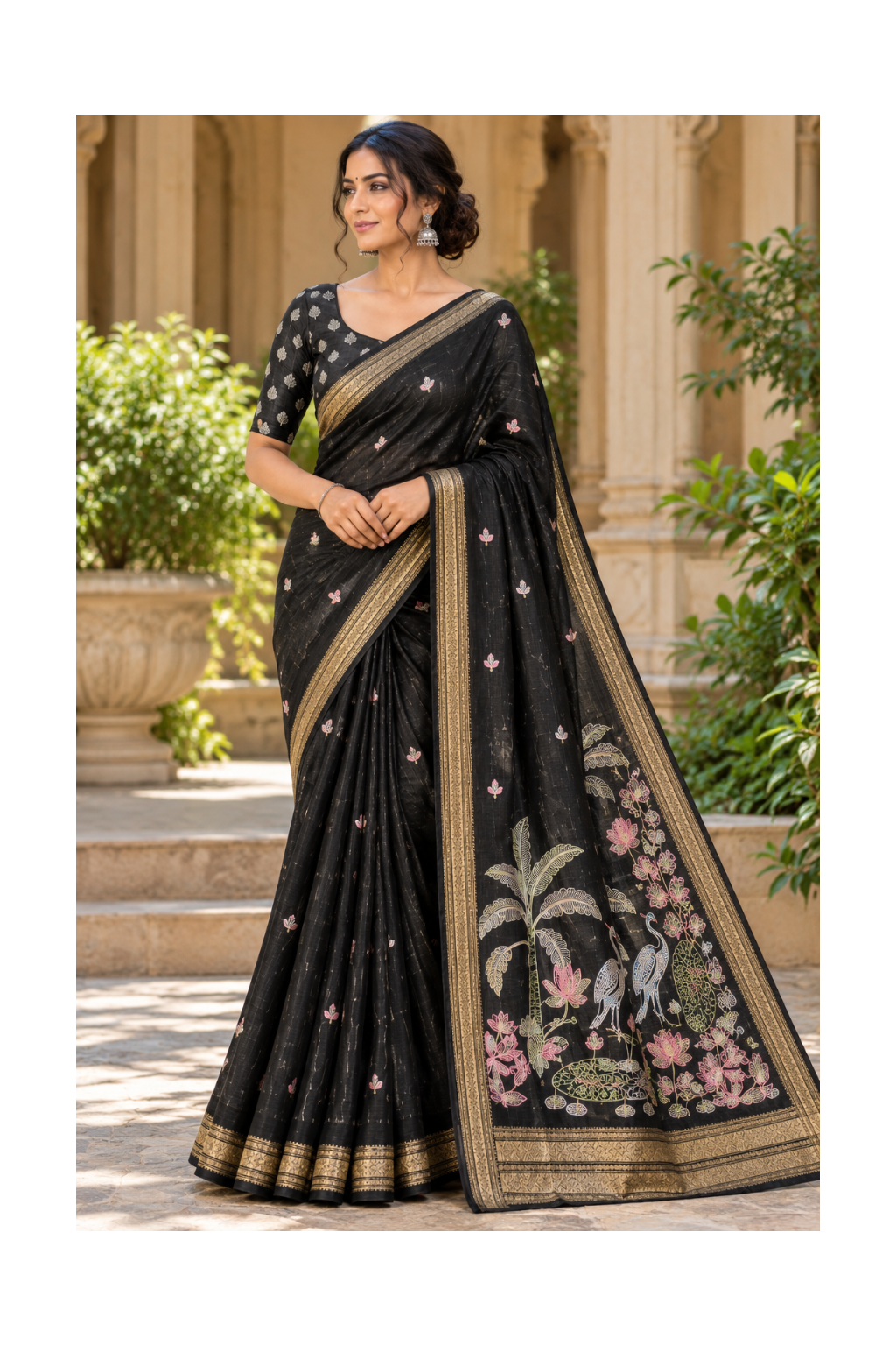 Black Kalamkari Tussar Silk Saree Main image