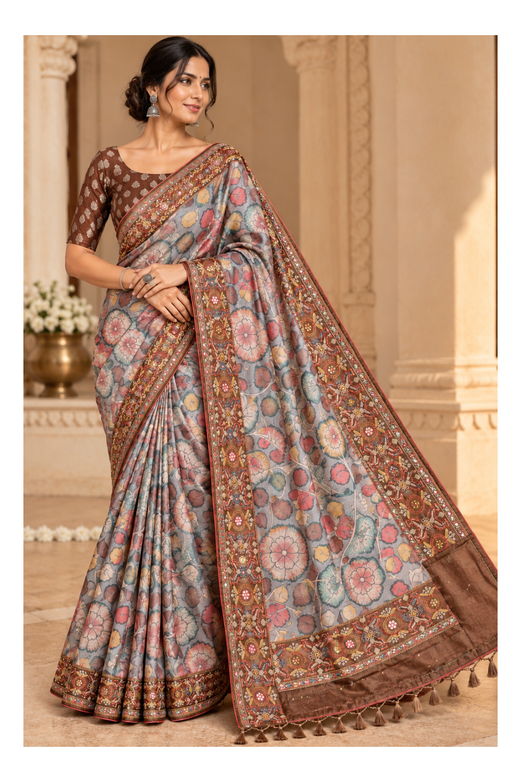 Grey Digital Floral Kalamkari Silk Saree