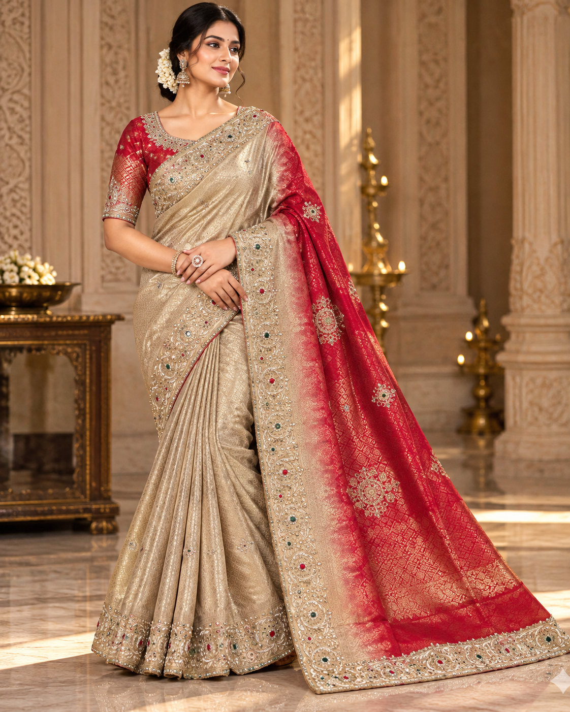 Gold and Crimson Ombre Banarasi Saree