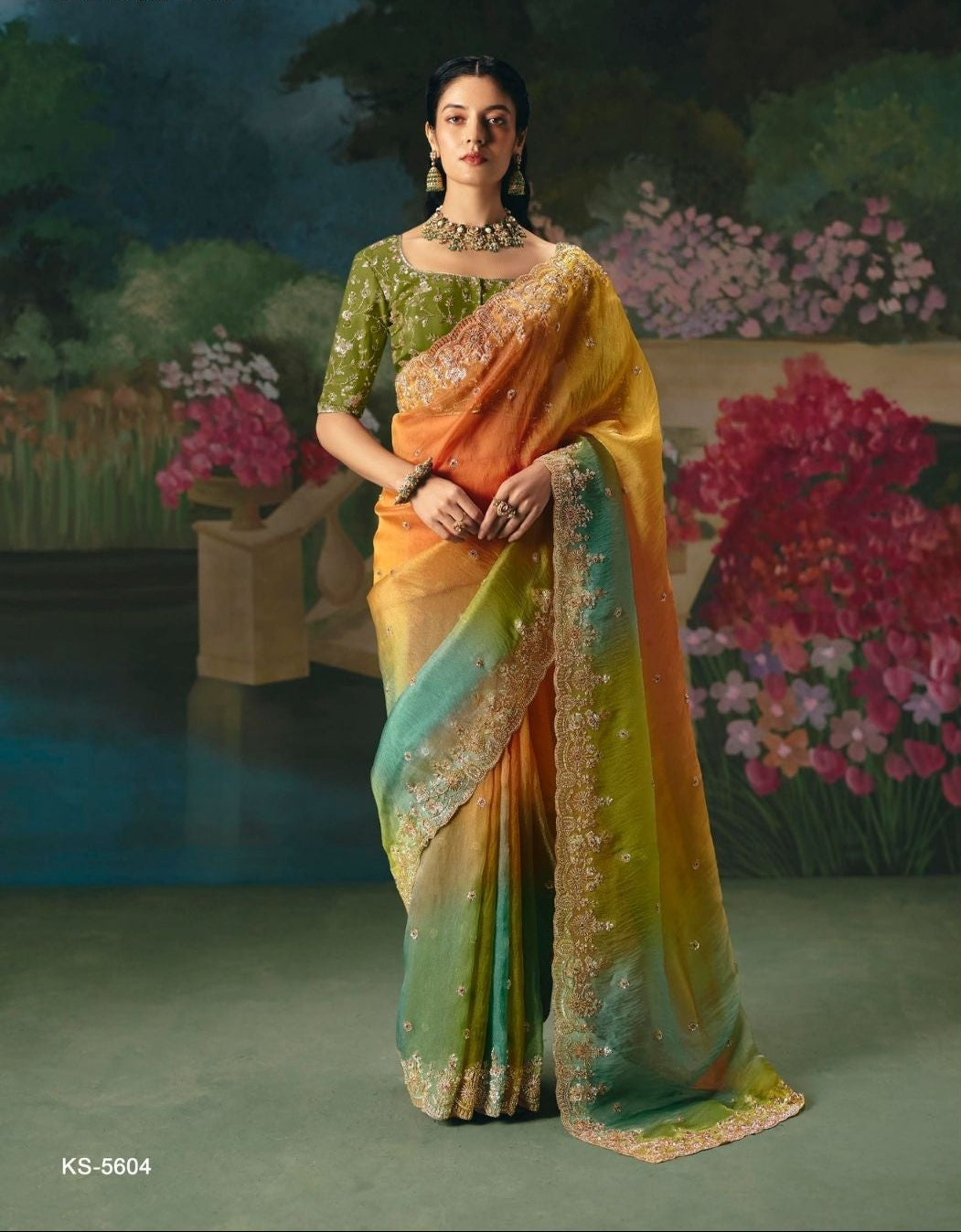 Verdant Sunset tissue Saree