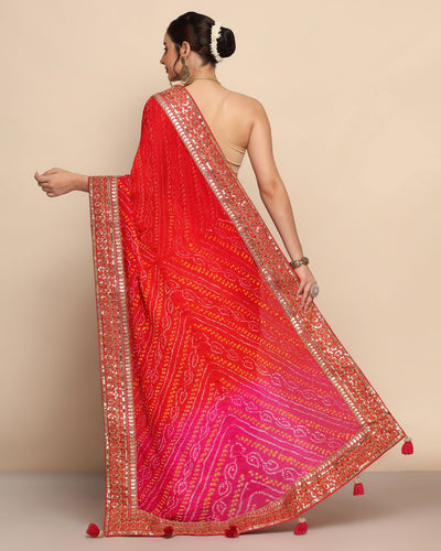 Radiant Pink and Red Bandhani Saree with Gota and Thread Work
