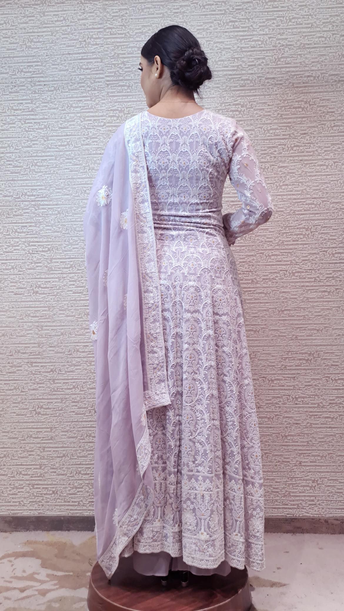 A Line Georgette Suit In Litac Hues With Ivory Resham Threadwork