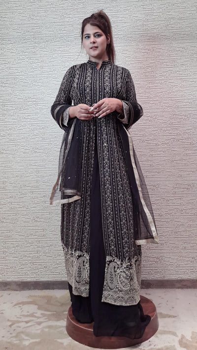 Captivating Black Georgette Suit In A Line With Zari And Stonework