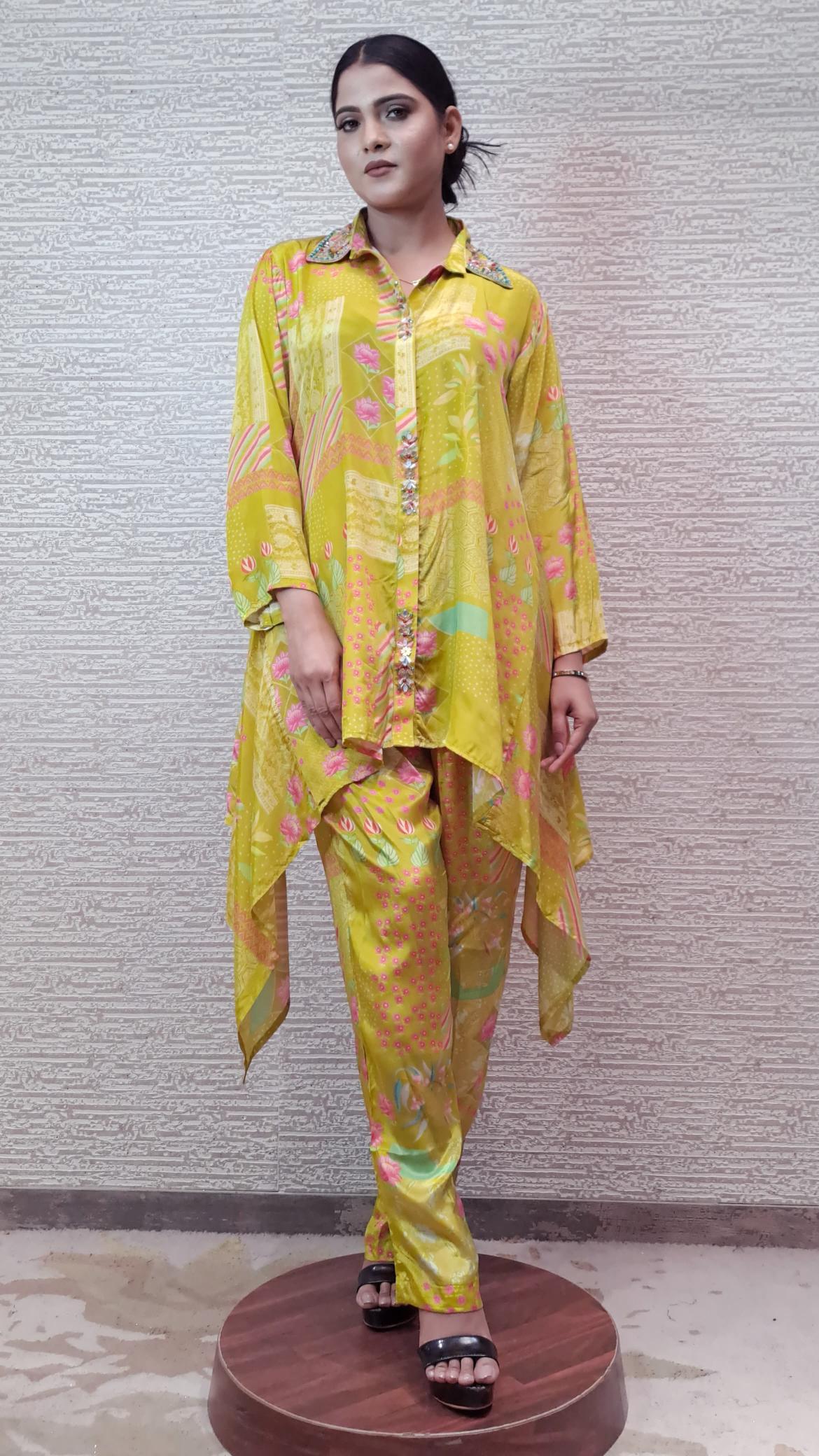 Vibrant Yellow Floral Kurti Co-Ord Set With Embellished Collar