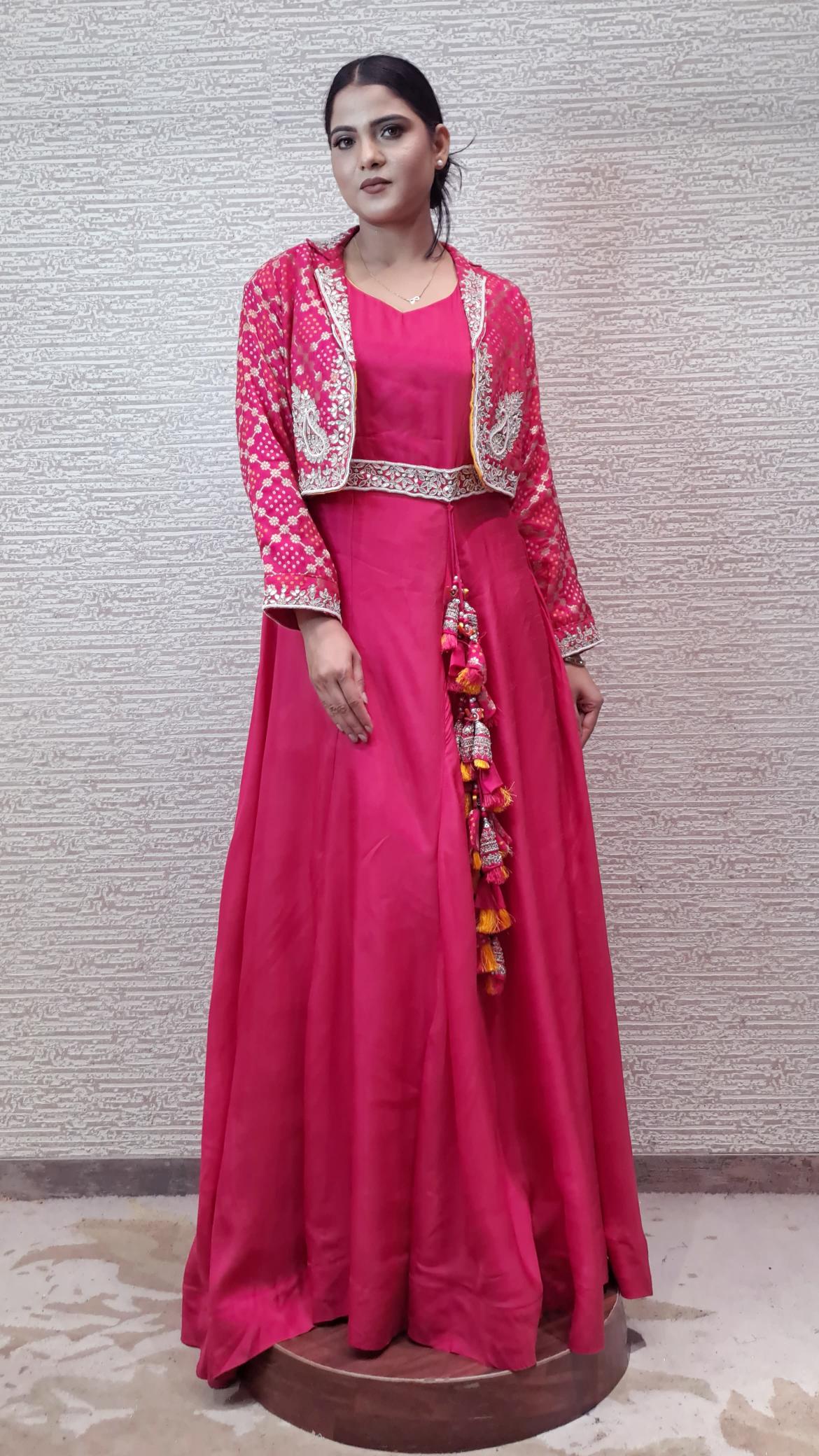 Enchanting Pink Gown With Bandhej Jacket In Zari And Pearl Beadwork