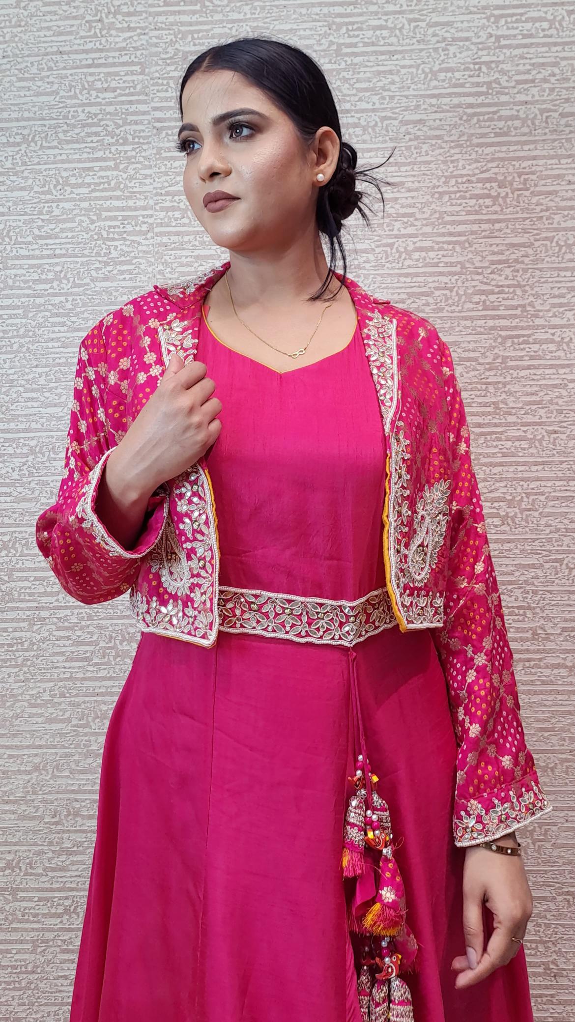 Enchanting Pink Gown With Bandhej Jacket In Zari And Pearl Beadwork