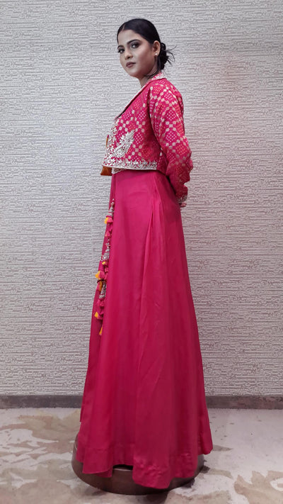 Enchanting Pink Gown With Bandhej Jacket In Zari And Pearl Beadwork