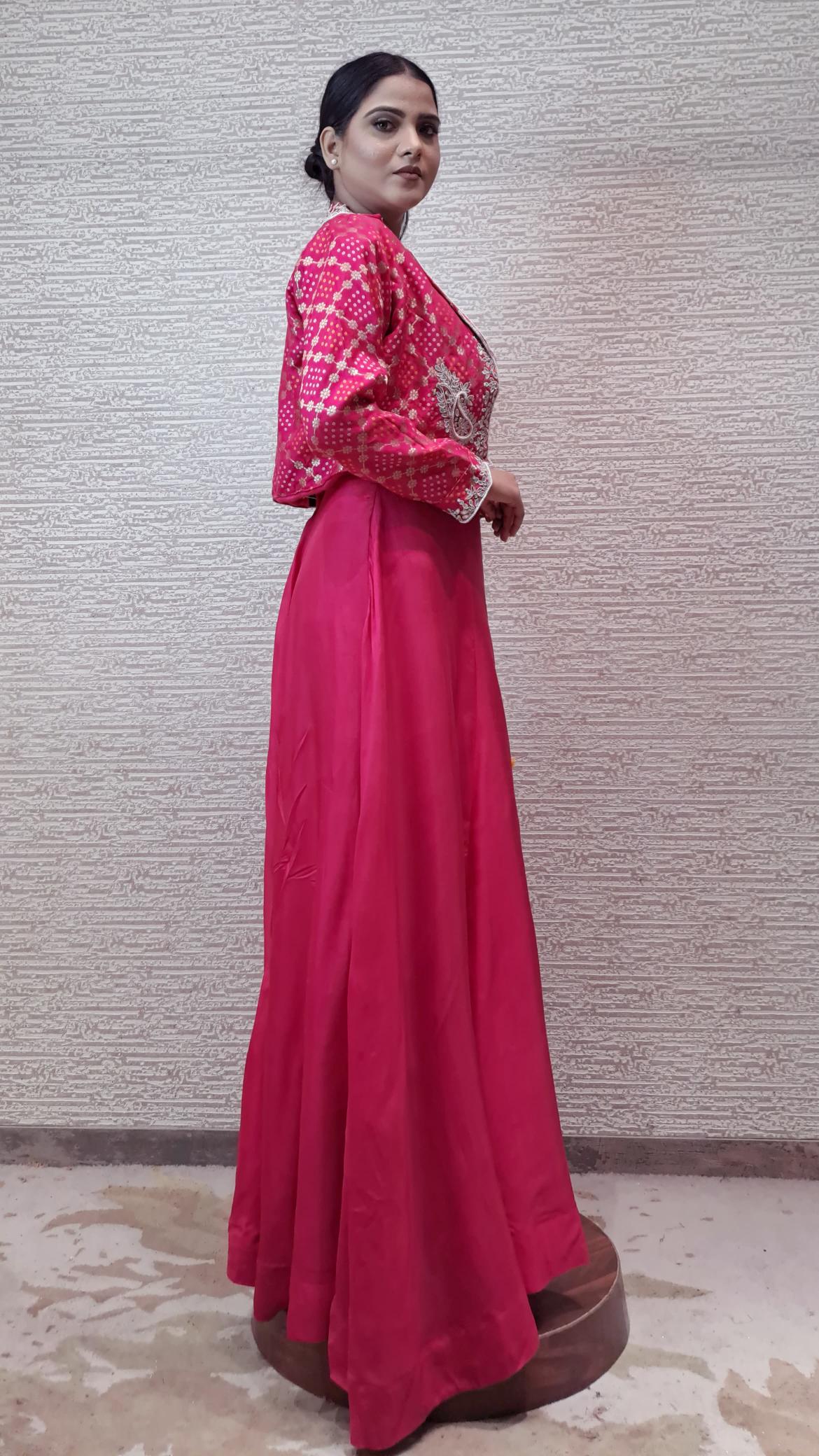 Enchanting Pink Gown With Bandhej Jacket In Zari And Pearl Beadwork
