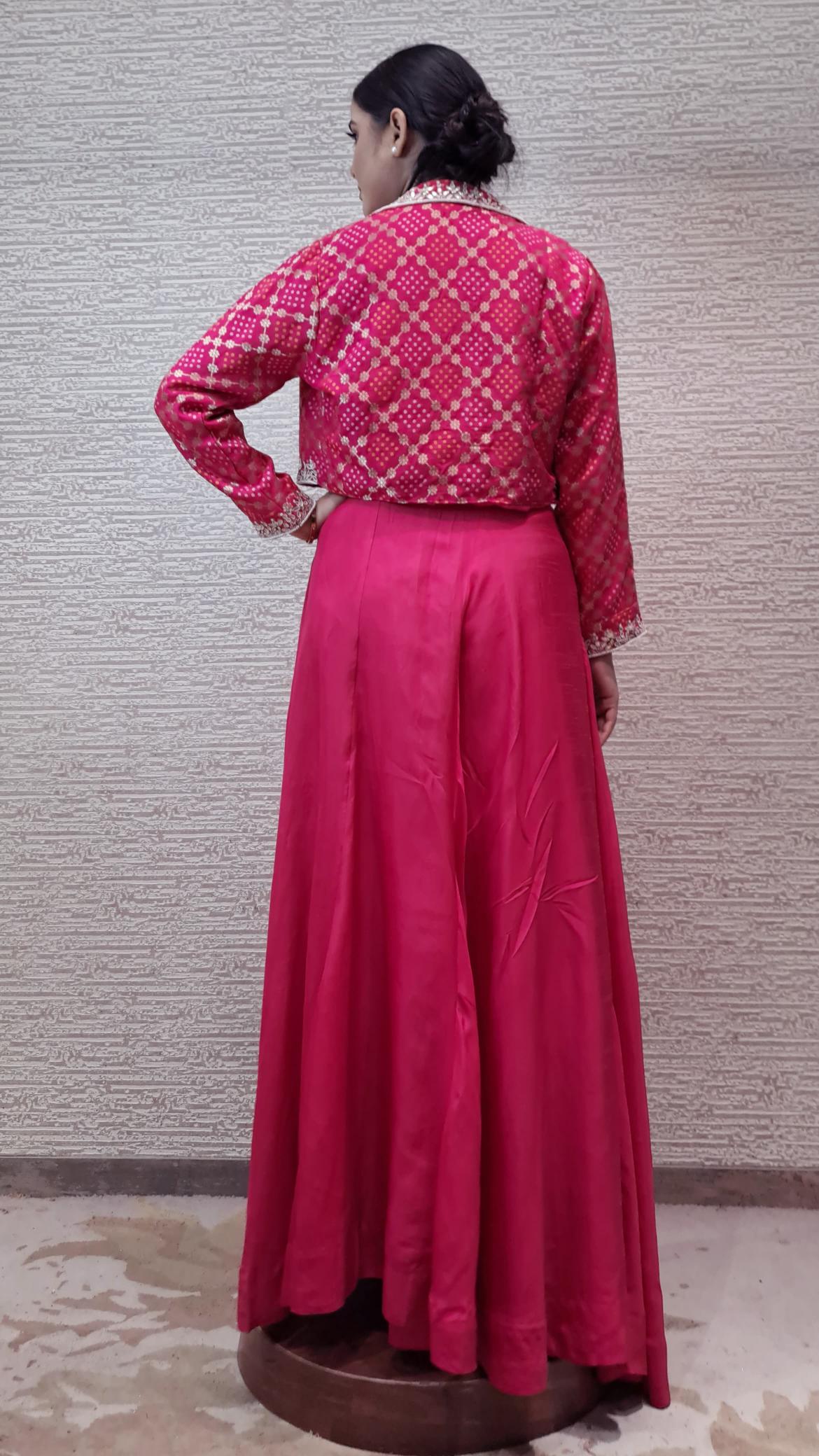 Enchanting Pink Gown With Bandhej Jacket In Zari And Pearl Beadwork