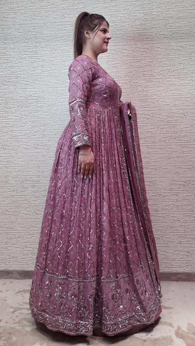 Graceful Ruby Pink Anarkali With Monofone Sequins And Resham Threadwork In Chinon Fabric