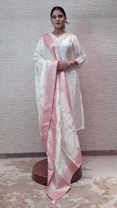 Ivory Suit Set With Pastel Pink Hues With Intricate Handwork