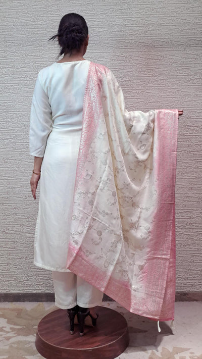 Ivory Suit Set With Pastel Pink Hues With Intricate Handwork