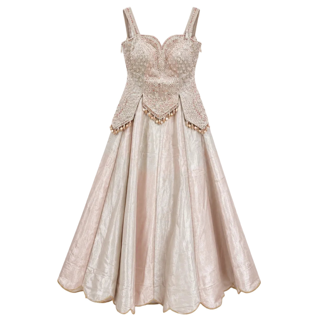 Blush Pink & Champagne Dual-Tone Hand-Embroidered Corset Peplum Bustier, Panel Flared Skirt &amp; Dupatta Set
