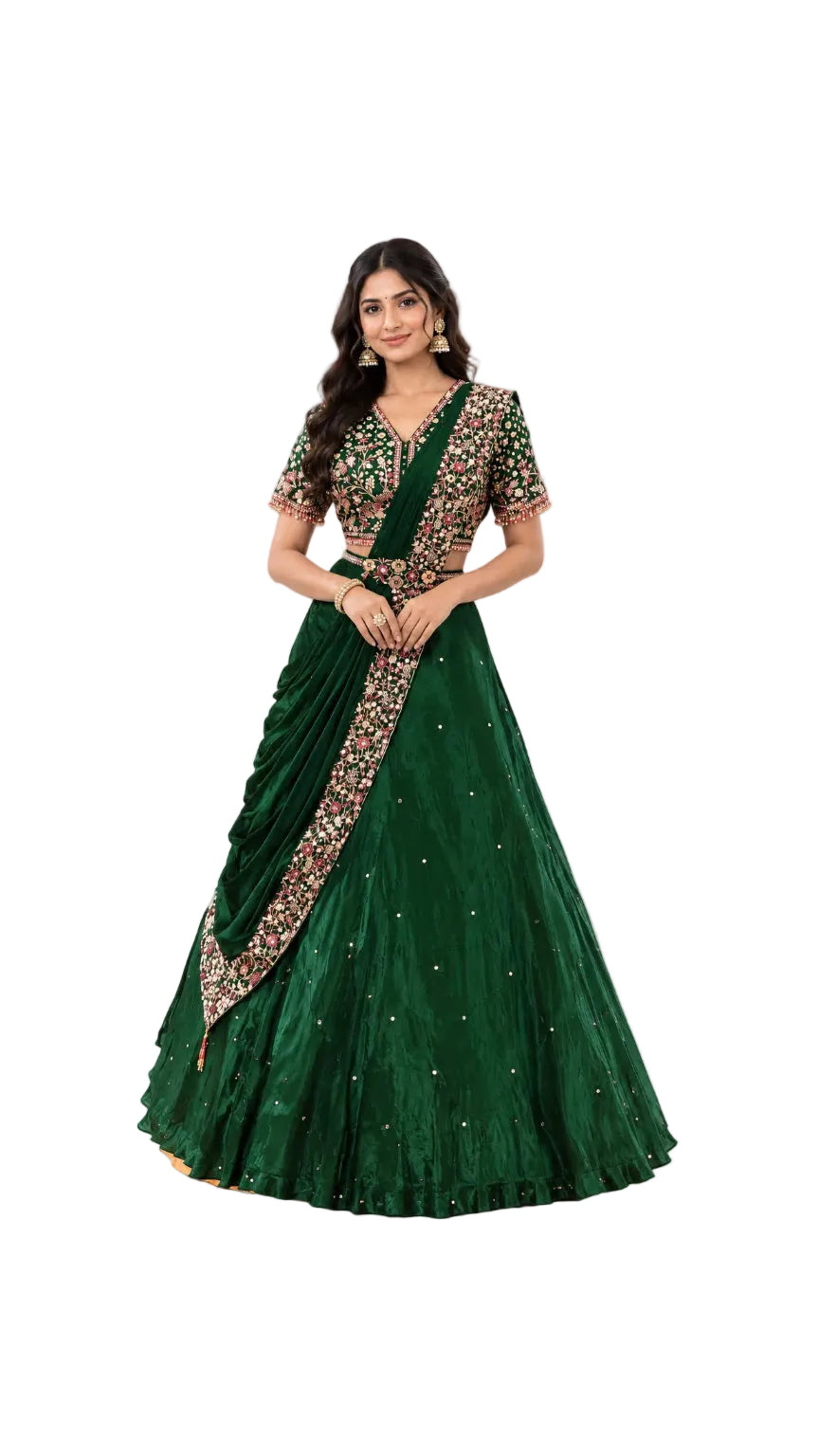 Emerald Green Embroidered Pre-Draped Gown Set
