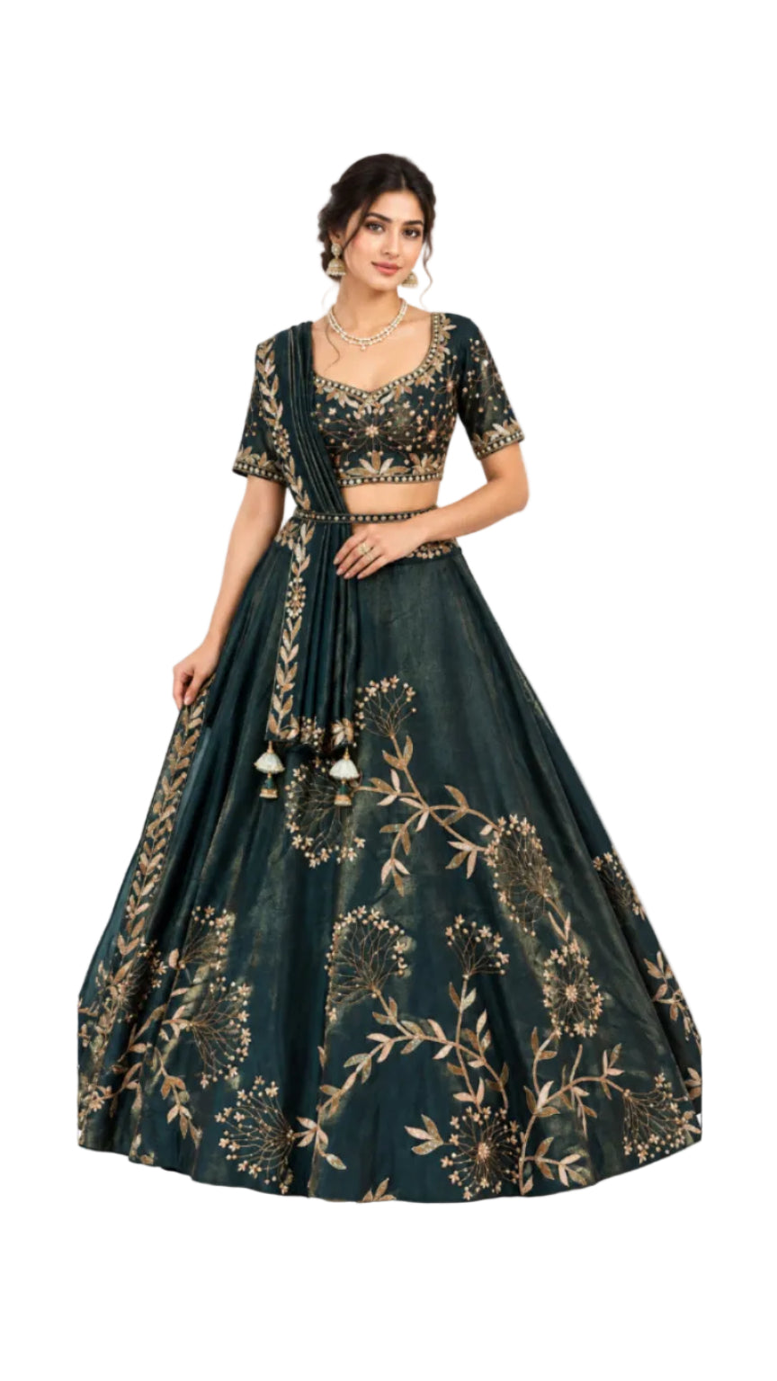 Midnight Teal Metallic Embroidered Lehenga Set Main image