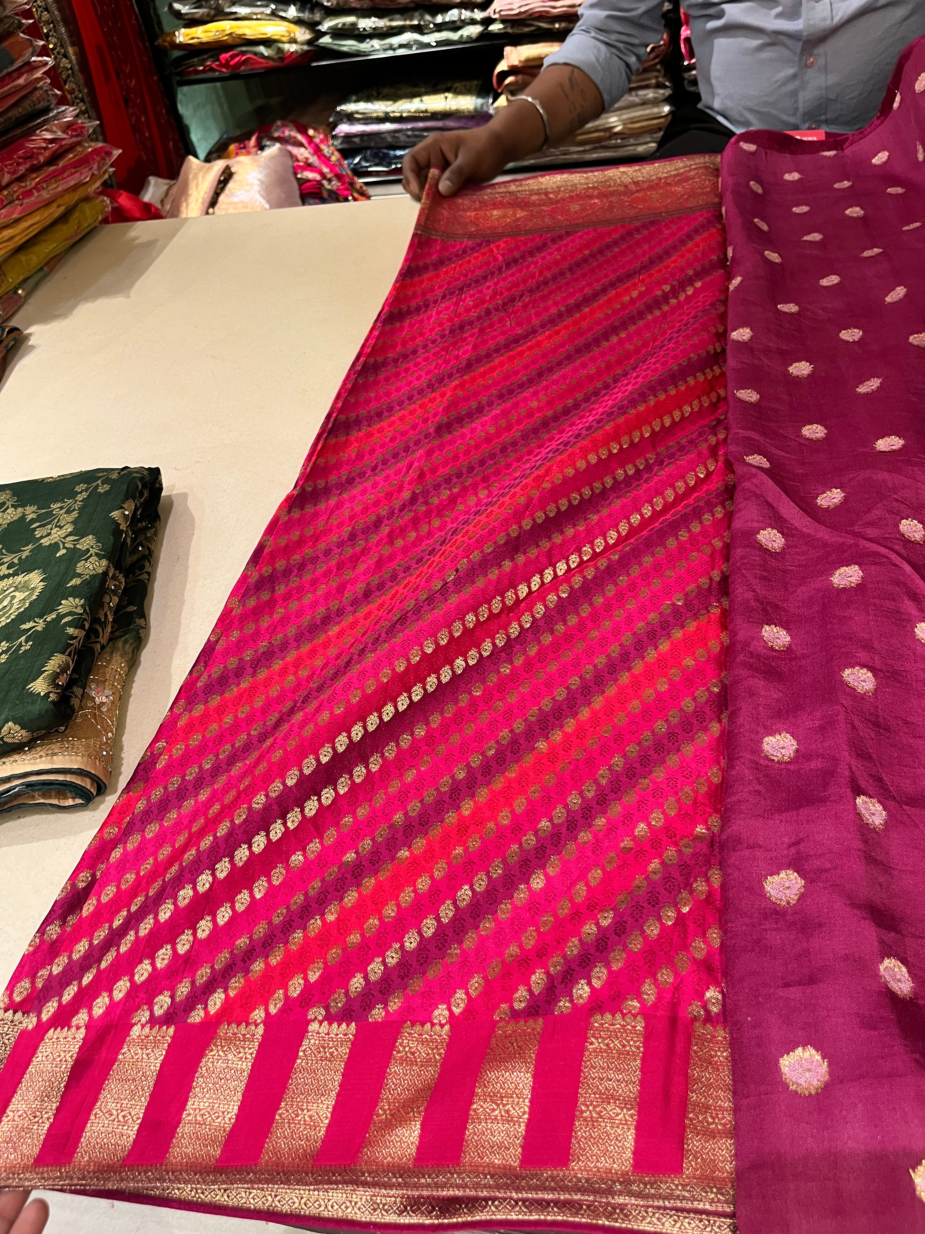 Wine Silk Saree with Diagonal Woven Stripes Secondary image