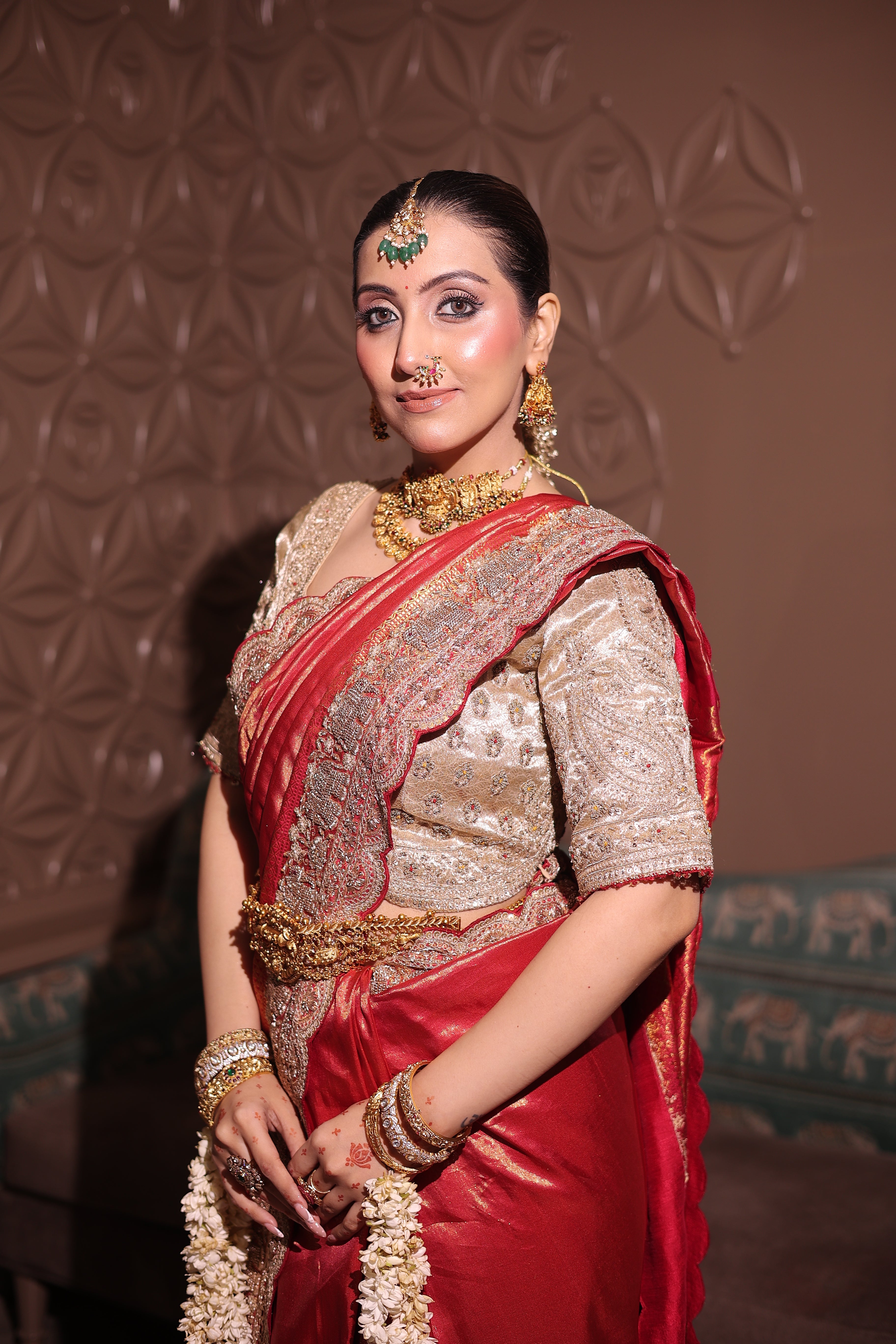 Royal Red Silk Saree with Heavy Embroidered Border Secondary image