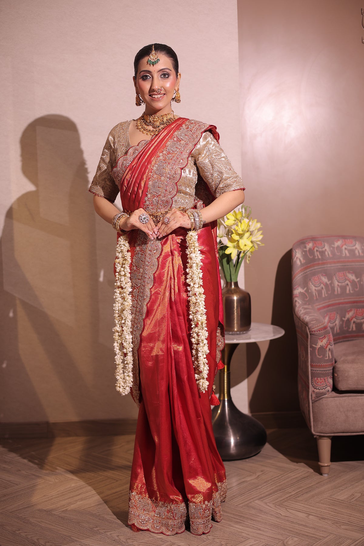 Royal Red Silk Saree with Heavy Embroidered Border Main image