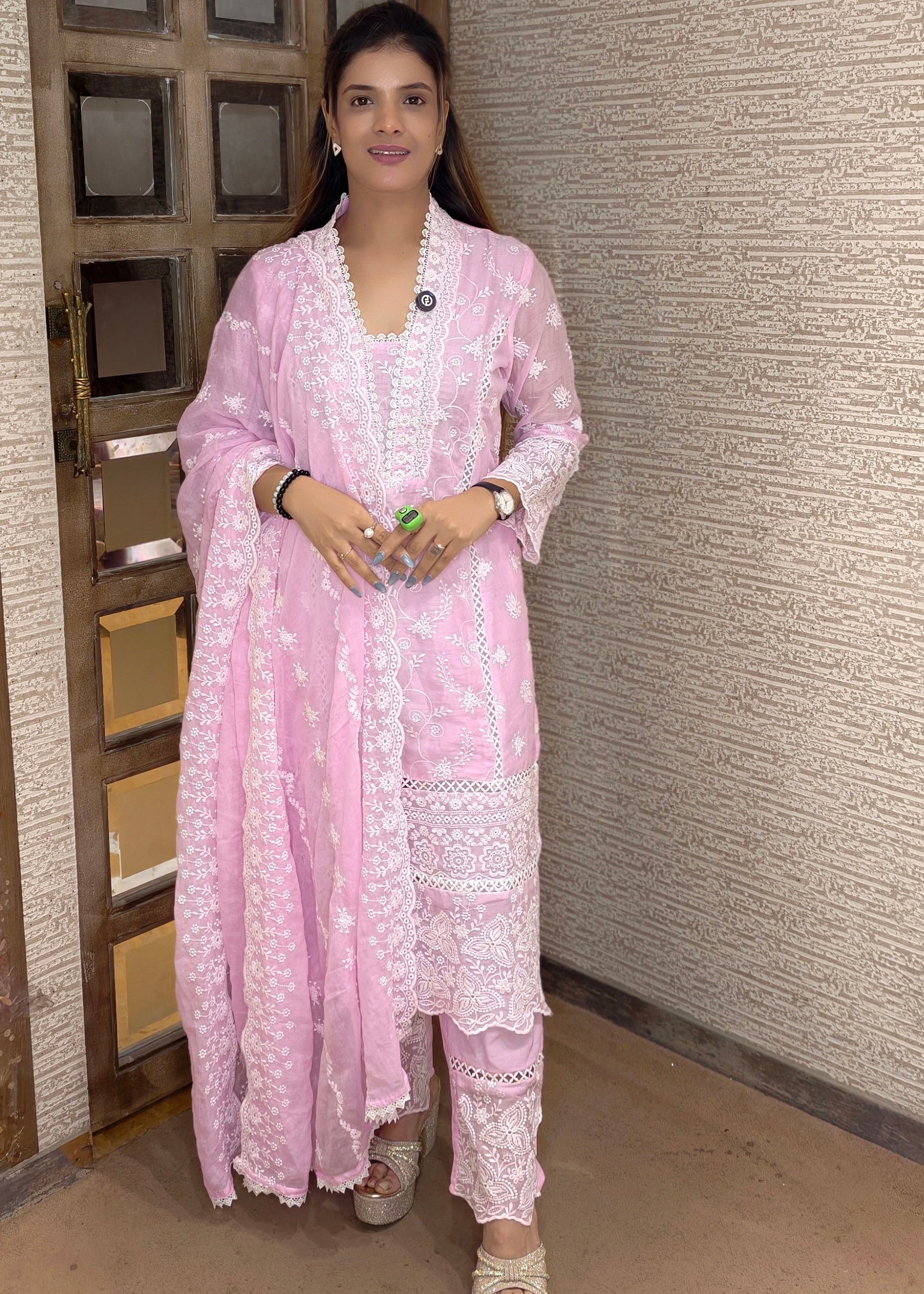 Pastel Pink Cotton Embroidered Kurta Set