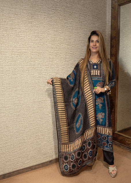 Teal Blue Cotton Printed Kurta Set