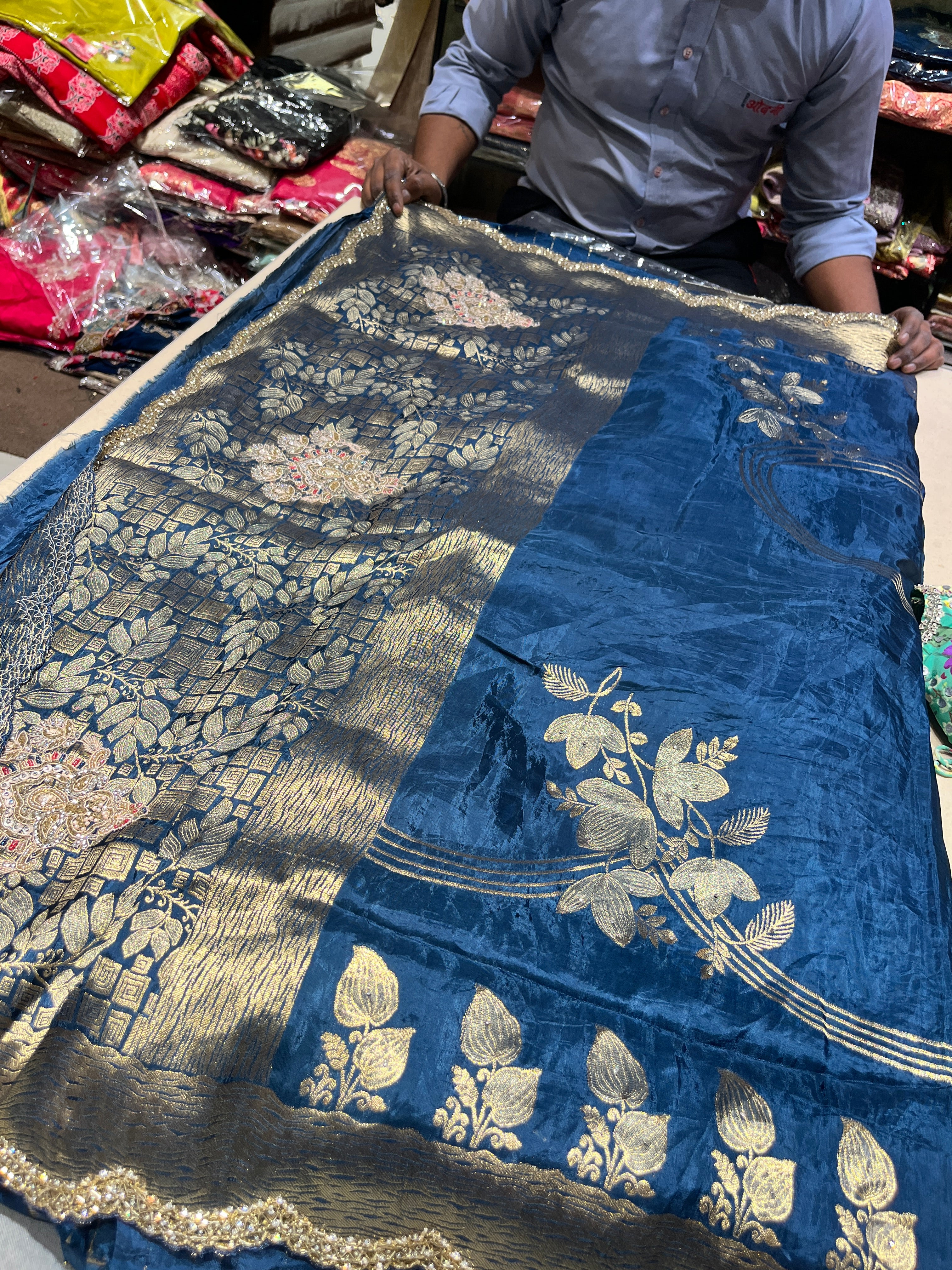 Royal Blue Banarasi Silk Saree with Woven Gold Floral Jacquard & Botanical Pallu Secondary image