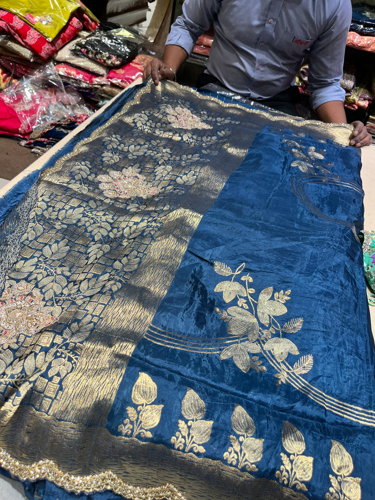 Royal Blue Banarasi Silk Saree with Woven Gold Floral Jacquard & Botanical Pallu