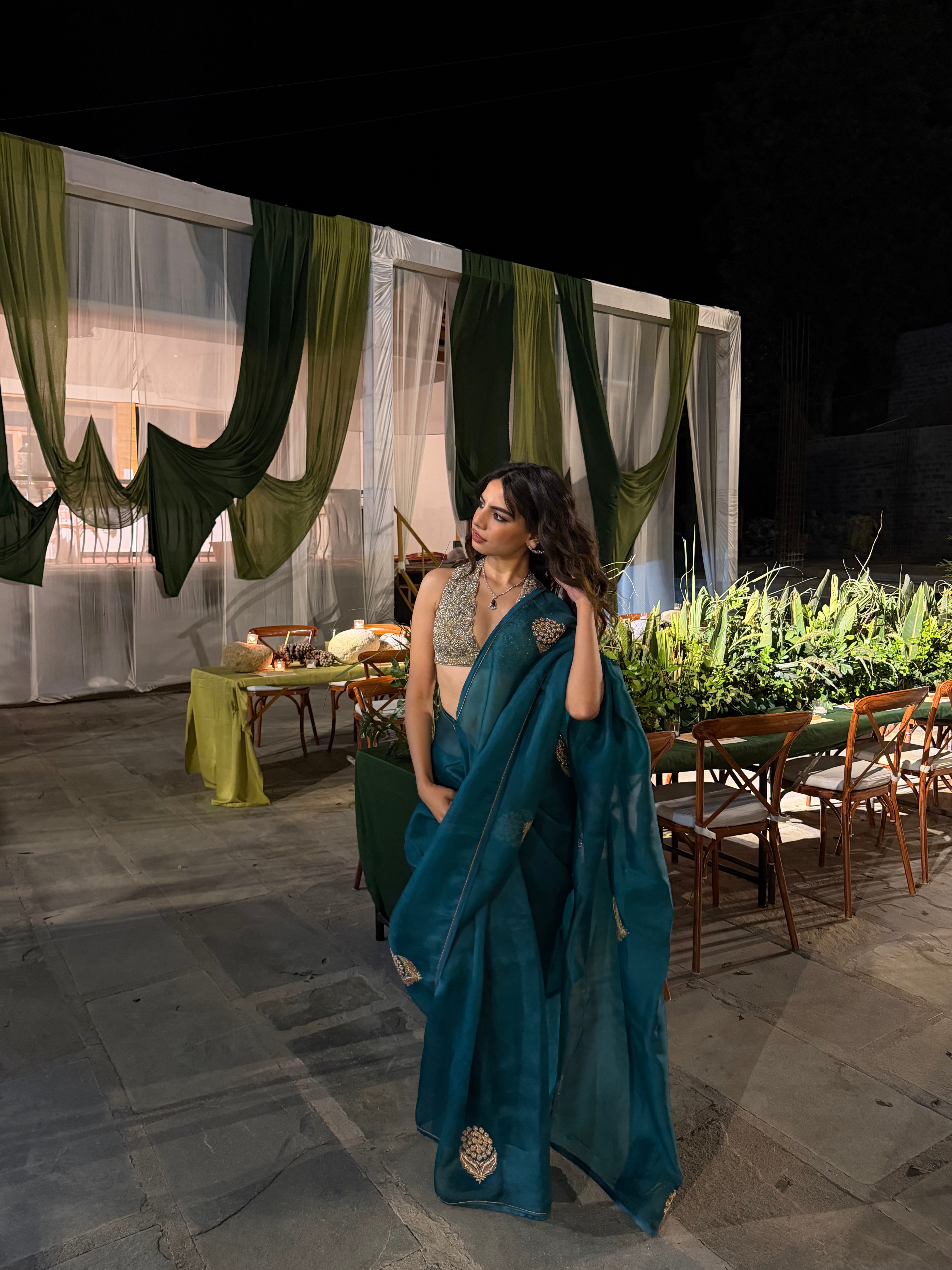 Contemporary Teal Organza Saree Secondary image