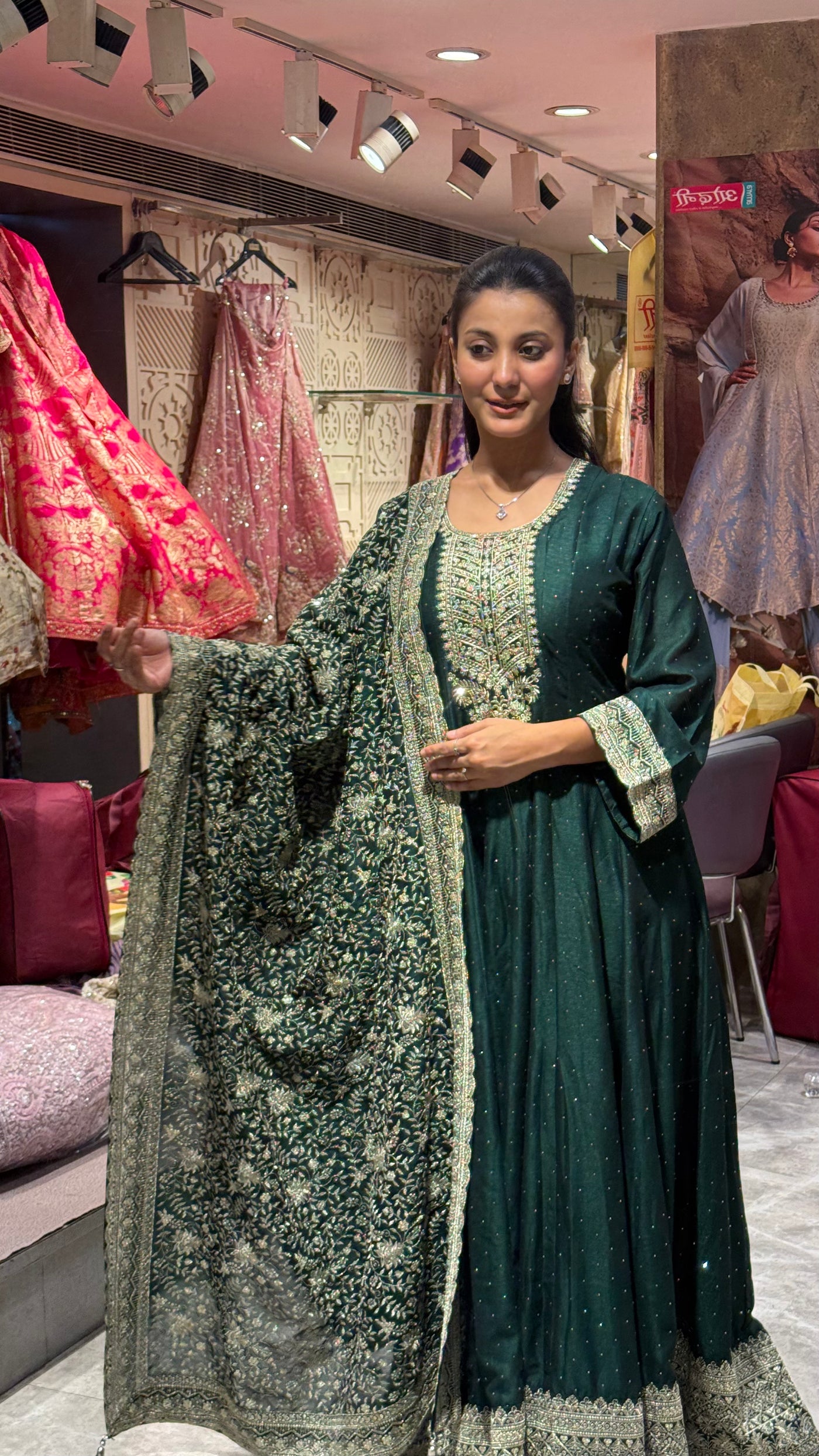 Emerald Regal Anarkali Gown with Heavy Dupatta (23406 m-23)