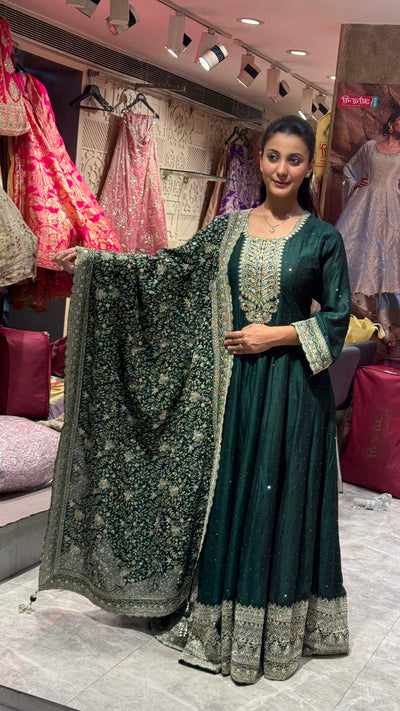 Emerald Regal Anarkali Gown with Heavy Dupatta (23406 m-23)