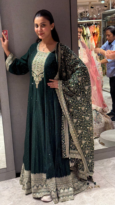 Emerald Regal Anarkali Gown with Heavy Dupatta (23406 m-23)