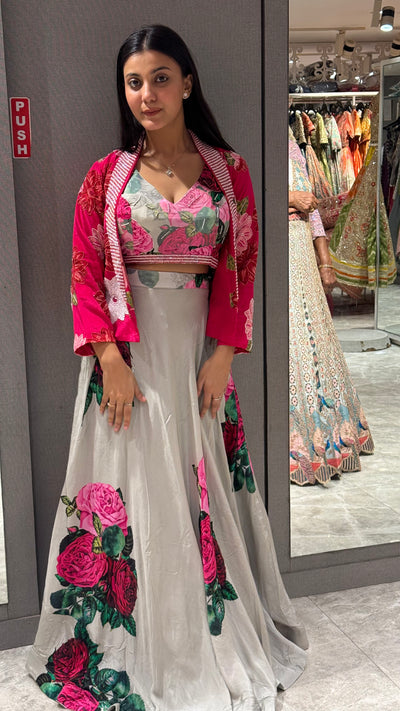 Pop Art Rose Printed Lehenga with Jacket ( 3008 M-18)