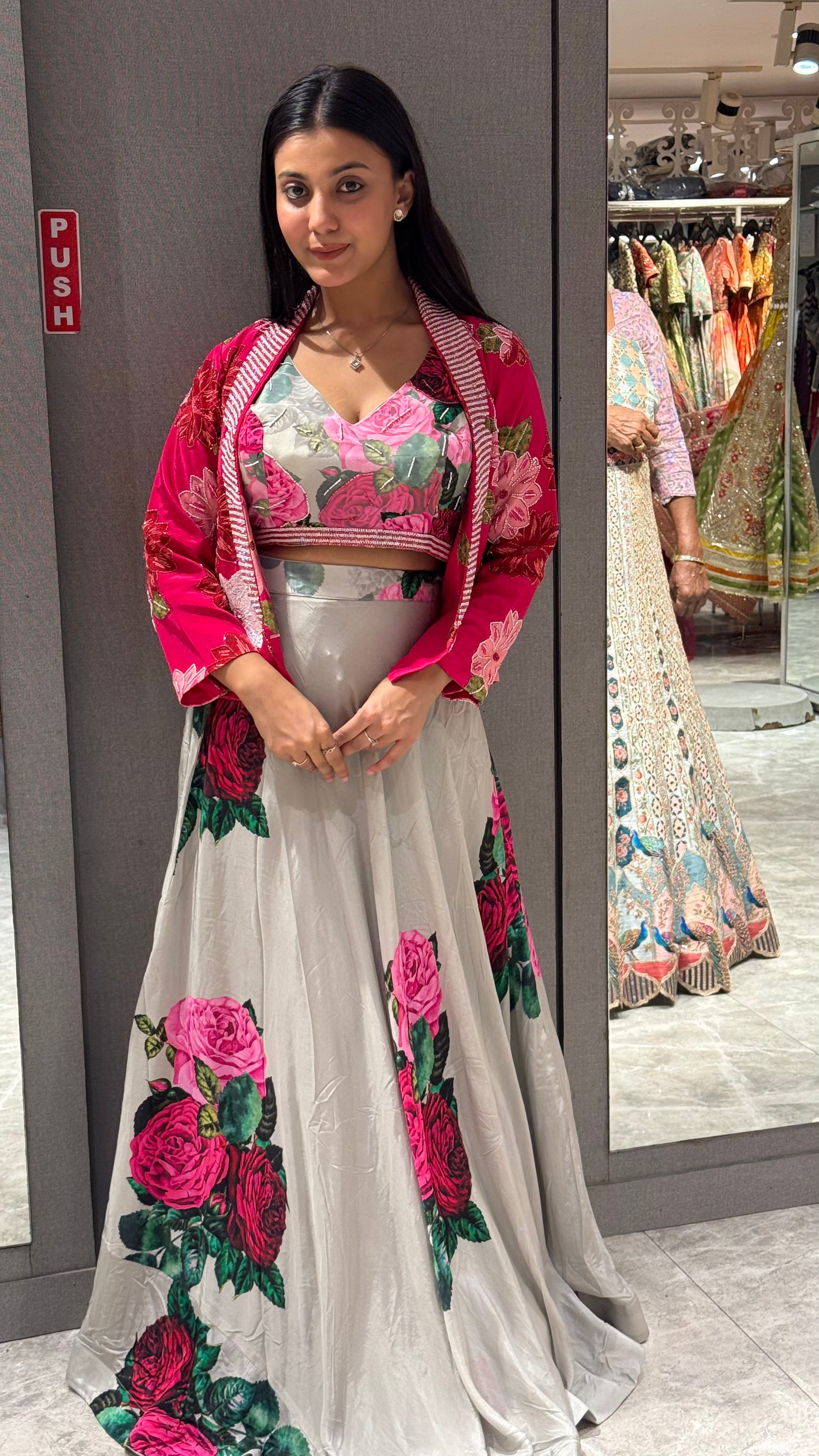 Pop Art Rose Printed Lehenga with Jacket ( 3008 M-18)