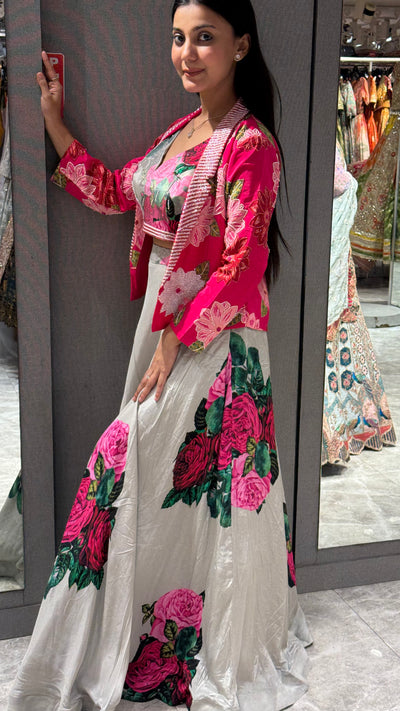 Pop Art Rose Printed Lehenga with Jacket ( 3008 M-18)