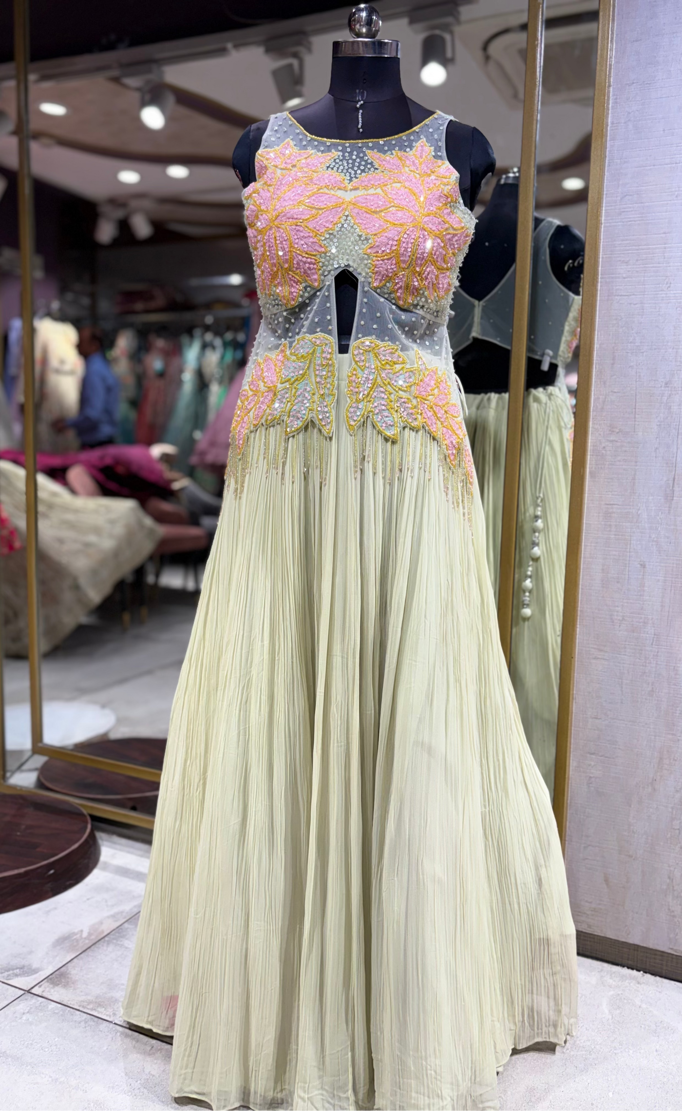 Pastel Pleated Lehenga with Sheer Cutout Bodice (2538 M-87)