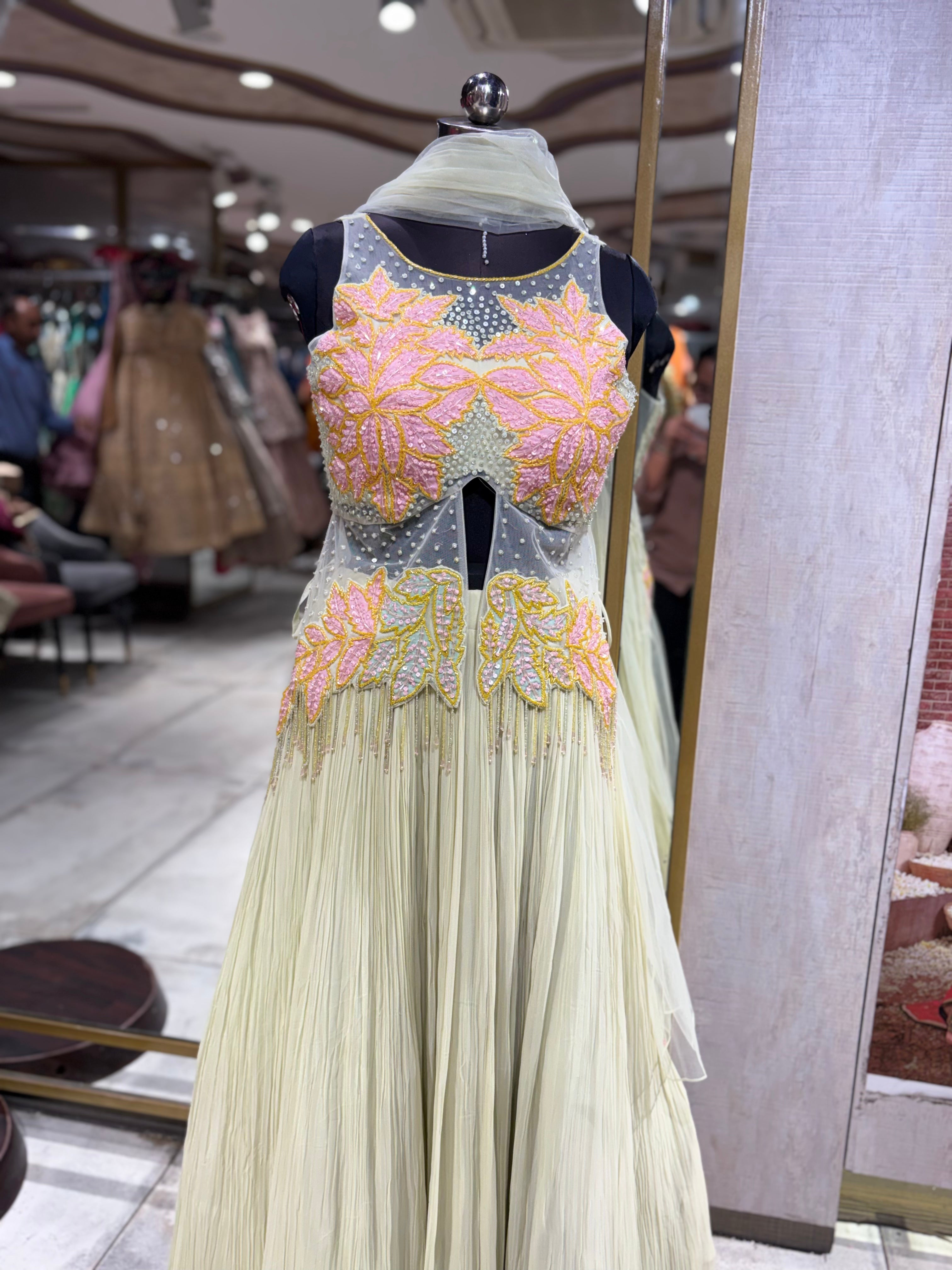 Pastel Pleated Lehenga with Sheer Cutout Bodice (2538 M-87)