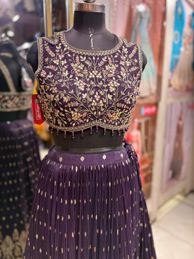 Majestic Deep Purple Pleated Lehenga with Gold Embroidery (1132 M-36)