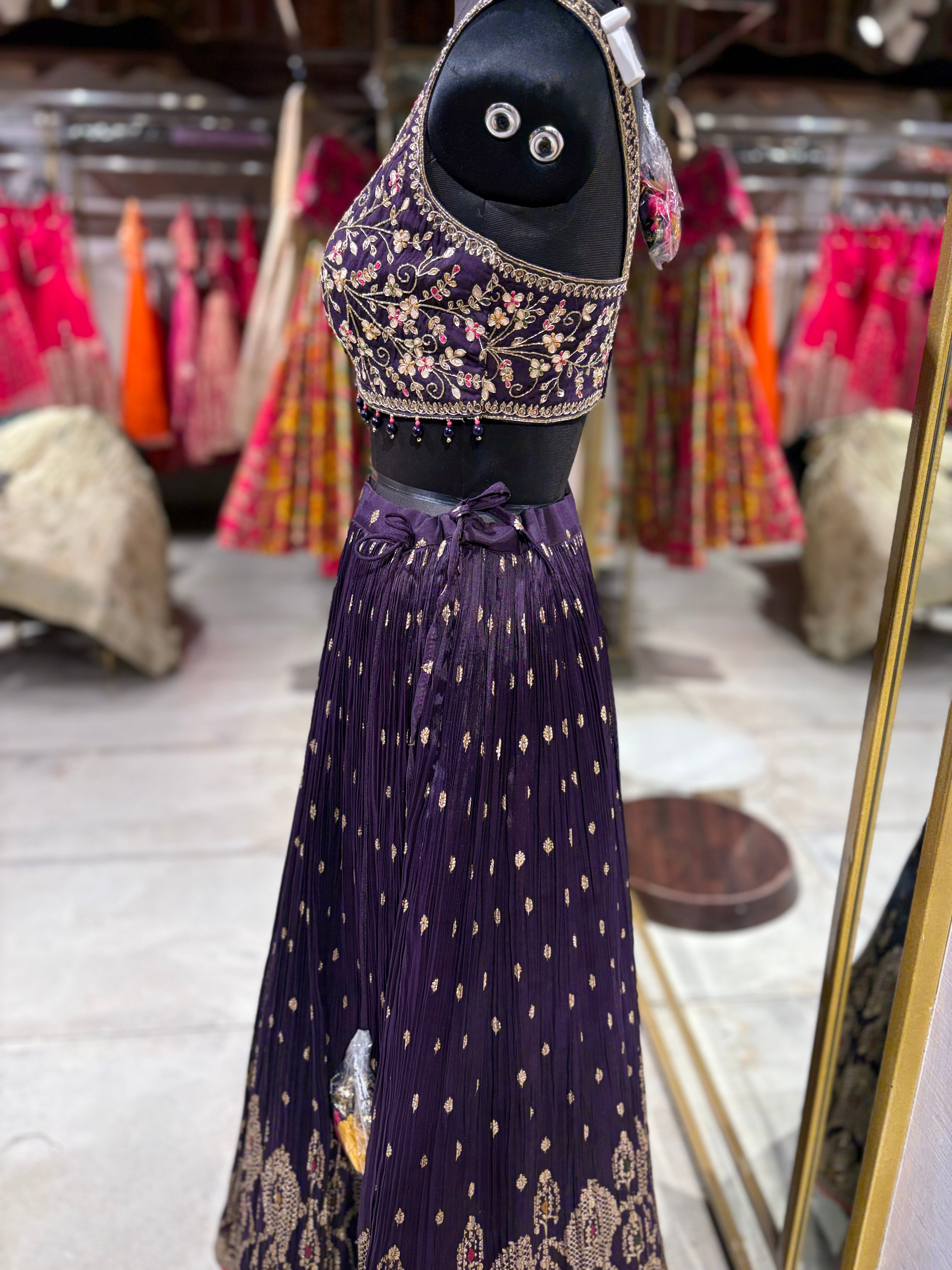 Majestic Deep Purple Pleated Lehenga with Gold Embroidery (1132 M-36)