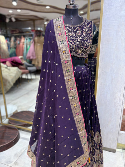 Majestic Deep Purple Pleated Lehenga with Gold Embroidery (1132 M-36)