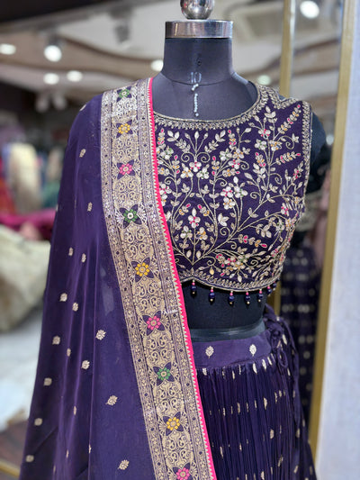 Majestic Deep Purple Pleated Lehenga with Gold Embroidery (1132 M-36)