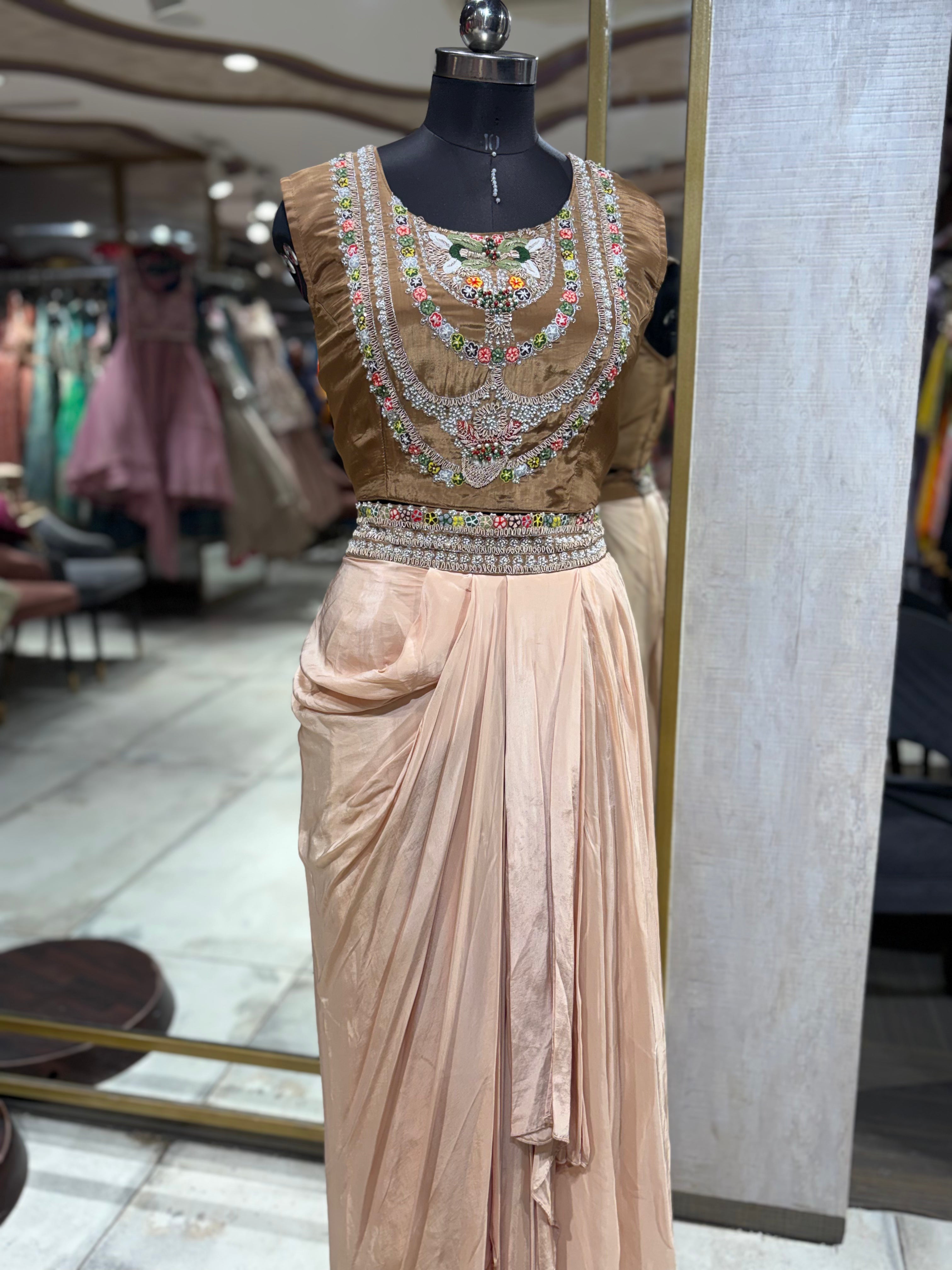 Golden-Brown Crop Top and Draped Skirt Set (467 B-120) Secondary image