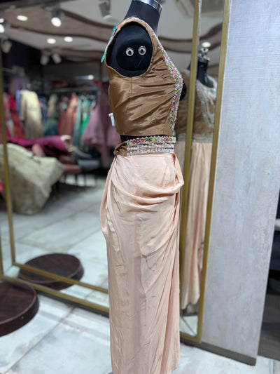 Golden-Brown Crop Top and Draped Skirt Set (467 B-120)