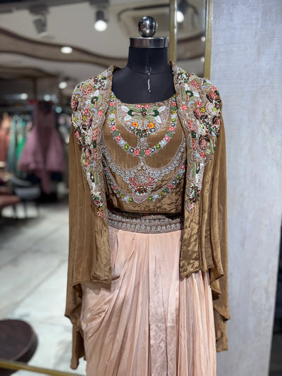 Golden-Brown Crop Top and Draped Skirt Set (467 B-120)